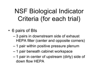 NSF Biological Indicator
Criteria (for each trial)
•  6 pairs of BIs
– 3 pairs in downstream side of exhaust
HEPA filter (center and opposite corners)
– 1 pair within positive pressure plenum
– 1 pair beneath cabinet workspace
– 1 pair in center of upstream (dirty) side of
down flow HEPA
 