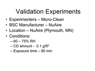 Validation Experiments
•  Experimenters – Micro-Clean
•  BSC Manufacturer – NuAire
•  Location – NuAire (Plymouth, MN)
•  Conditions:
– 60 – 75% RH
– CD amount - 0.1 g/ft3
– Exposure time – 80 min
 