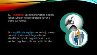 13.- iniciativa: Los subordinados deben
tener suficiente libertar para llevar a
cabo sus tareas.

14.- espíritu de equipo: se trabaja mejor
cuando todos sus integrantes se
identifican con la organización, y se
sienten orgullosos de ser parte de ella.

 