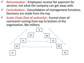 A primary difference between Fayol and Taylor was that Taylor viewed management processes from the bottom up, while Fayol viewed it from the top down.      In the classic General and Industrial Management Fayol wrote that "Taylor's approach differs from the one we have outlined in that he examines the firm from the "bottom upFayol suggested that it is important to have unity of command : a concept that suggests there should be only one supervisor for each person in an organization….. Fayol criticized Taylor’s functional management in this way.’’ The most marked outward characteristics of functional management lies in the fact that each workman, instead of coming in direct contact with the management at one point only, receives his daily orders and help from eight different bosses. Fayol said, those eight, were (1) route clerks, (2) instruction card men, (3) cost and time clerks, (4) gang bosses, (5) speed bosses, (6) inspectors, (7) repair bosses, and the (8) shop disciplinarian . This  was an unworkable situation, and that Taylor must have somehow reconciled