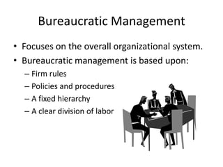 He mentioned Six activities of an enterprise:Technical (production, manufacture, adaptation)Commercial (buying, selling, exchange)Financial (search for an optimum use of capital) Security (protection of property and persons)Accounting (Stock taking, balance sheets, cost statistics)Managerial: Fayol’s universal management functions:1.Planning  2.Organizing  3.Commanding  4.Coordinating 5.ControllingDeveloped a set of 14 general principles of management. 