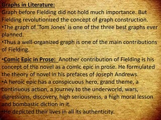Graphs in Literature:
Graph before Fielding did not hold much importance. But
Fielding revolutionized the concept of graph construction.
•The graph of 'Tom Jones' is one of the three best graphs ever
planned.
•Thus a well-organized graph is one of the main contributions
of Fielding.
•Comic Epic in Prose: Another contribution of Fielding is his
concept of the novel as a comic epic in prose. He formulated
the theory of novel in his prefaces of Joseph Andrews.
•A heroic epic has a conspicuous hero, grand theme, a
continuous action, a journey to the underworld, wars,
digressions, discovery, high seriousness, a high moral lesson
and bombastic diction in it.
•He depicted their lives in all its authenticity.
 