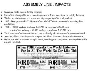  Increased profit margin for the company
 Use of interchangeable parts - continuous work flow - more time on task by laborers
 Worker specialization - less waste and higher quality of the end product
 1912 - Ford produced 82,388 units of the Model T due to automobile assembly line
production
 1914 – 13,000 workers produced 2,60,720 cars - priced at $600 each
- rest of the industry – 66,350 workers – produced 2,86,770 cars
 Total number of units manufactured - more than by all other manufacturers combined.
 Assembly line - other industries adopted this idea - decreased their production costs
 He cut the work day down to eight hours, enabling the company to employ three shifts
around the clock.
ASSEMBLY LINE : IMPACTS
 