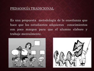 PEDAGOGÍA TRADICIONAL
Es una propuesta metodología de la enseñanza que
hace que los estudiantes adquieran conocimientos
con poco margen para que el alumno elabore y
trabaje mentalmente.
 