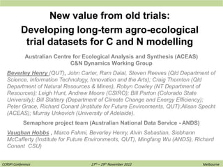 New value from old trials:
           Developing long-term agro-ecological
            trial datasets for C and N modelling
             Australian Centre for Ecological Analysis and Synthesis (ACEAS)
                              C&N Dynamics Working Group
  Beverley Henry (QUT), John Carter, Ram Dalal, Steven Reeves (Qld Department of
  Science, Information Technology, Innovation and the Arts); Craig Thornton (Qld
  Department of Natural Resources & Mines), Robyn Cowley (NT Department of
  Resources); Leigh Hunt, Andrew Moore (CSIRO); Bill Parton (Colorado State
  University); Bill Slattery (Department of Climate Change and Energy Efficiency);
  Peter Grace, Richard Conant (Institute for Future Environments, QUT);Alison Specht
  (ACEAS); Murray Unkovich (University of Adelaide).
            Semaphore project team (Australian National Data Service - ANDS)
  Vaughan Hobbs , Marco Fahmi, Beverley Henry, Alvin Sebastian, Siobhann
  McCafferty (Institute for Future Environments, QUT), Mingfang Wu (ANDS), Richard
  Conant CSU)


CCRSPI Conference                    27th – 29th November 2012                 Melbourne
 