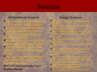 Sources 
Information Sources 
http://www.historyinanhour.com/20 
12/08/10/empress-matilda-summary/ 
http://www.bbc.co.uk/history/histor 
ic_figures/becket_thomas.shtml 
http://www.britannia.com/history/ 
monarchs/mon26.html 
http://www.bbc.co.uk/history/britis 
h/middle_ages/henryii_law_01.shtml 
http://britishstudies.pbworks.com/ 
w/page/15133693/The%20Plantagen 
ets%20I 
http://henrytheyoungking.blogspot. 
com/2013/04/whos-who-all-those-who- 
mattered-to.html 
NCVPS Medieval Studies Unit 7 
Reading Material 
Image Sources 
http://www.heraldicjewelry.com/blog/archiv 
es/06-2014 
http://www.historyinanhour.com/2012/08/10 
/empress-matilda-summary/ 
http://www.thecultureconcept.com/circle/ele 
anor-of-aquitaine-harmony-and-happiness-of-courtly- 
love 
http://www.shakespeareandhistory.com/king 
-henry-ii.php 
https://www.flickr.com/photos/paullew/4224 
612303/ 
http://henrytheyoungking.blogspot.com/201 
3/04/whos-who-all-those-who-mattered-to. 
html 
http://www.crisismagazine.com/2013/crusad 
ers-and-kings-the-contrast-between-richard-the- 
lionheart-and-philip-augustus 
http://britishstudies.pbworks.com/w/page/15 
133693/The%20Plantagenets%20I 
http://www.bbc.co.uk/schools/primaryhistor 
y/british_history/magna_carta/ 
