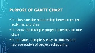 PURPOSE OF GANTT CHART
•To illustrate the relationship between project
activities and time.
•To show the multiple project activities on one
chart.
•To provide a simple & easy to understand
representation of project scheduling.
 