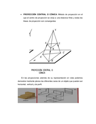  PROYECCIÓN CENTRAL O CÓNICA: Método de proyección en el
que el centro de proyección se sitúa a una distancia finita y todas las
líneas de proyección son convergentes
En las proyecciones además de su representación en vista podemos
demostrar mediante planos las diferentes caras de un objeto que pueden ser
horizontal, vertical y de perfil.
 