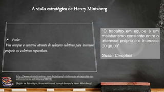 A visão estratégica de Henry Mintzberg
“O trabalho em equipe é um
malabarismo constante entre o
interesse próprio e o interesse
do grupo”
Susan Campbell
http://www.administradores.com.br/artigos/cotidiano/as-dez-escolas-da-
administracao-estrategica/58015/
[Safári de Estratégia, Bruce Ahlstrand, Joseph Lampel e Henri Mintzberg]
 