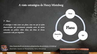 A visão estratégica de Henry Mintzberg
 Plano:
A estratégia é vista como um plano, uma vez que as ações
desenvolvidas são previamente pensadas antes de serem
colocadas em prática. Além disso, são feitas de forma
consciente e não por impulsos.
http://www.facilit.com.br/sem-categoria/5ps-da-estrategia-mintzberg/
[Ascensão e Queda do Planejamento, Henry Mintzberg]
Plano
Pensar
Agir
Desenvolve
r
 