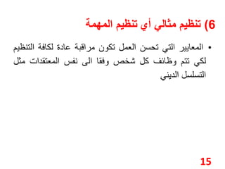6( تنظيم مثالي أي تنظيم المهمة 
• المعايير التي تحسن العمل تكون مراقبة عادة لكافة التنظيم 
لكي تتم وظائف كل شخص وفقا الى نفس المعتقدات مثل 
التسلسل الديني 
15 
 