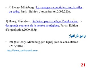 • 4) Henry, Mintzberg. Le manager au quotidien: les dix rôles 
du cadre. Paris : Edition d’organisation,2002.220p. 
5) Henry, Mintzberg. Safari en pays stratégie: l'exploration • 
des grands courants de la pensée stratégique. Paris : Edition 
d’organisation,2009.485p 
وابوغرافيا: 
• Images Henry, Mintzberg. [en ligne] date de consultation 
22/05/2014. 
http://www.comindwork.com 
21 
