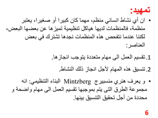 تمهيد: 
• ان أي نشاط انساني منظم، مهما كان كبيرا أو صغيرا، يعتبر 
منظمة، فالمنظمات لديها هياكل تنظيمية تميزها عن بعضها البعض، 
لكننا عندما نتفحص هذه المنظمات نجدها تشترك في بعض 
العناصر: 
1. تقسيم العمل الى مهام متعددة يتوجب انجازها. 
2. تنسيق هذه المهام لأجل انجاز ذلك النشاط. 
البناء التنظيمي: انه Mintzberg • و يعرف هنري منسبيرج 
مجموعة الطرق التى يتم بموجبها تقسيم العمل الى مهام واضحة و 
محددة من أجل تحقيق التنسيق بينها. 
6 
 