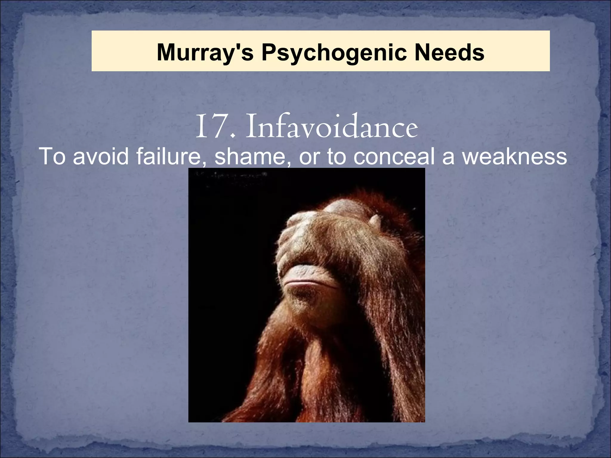 To avoid failure, shame, or to conceal a weakness 17. Infavoidance Murray's Psychogenic Needs 