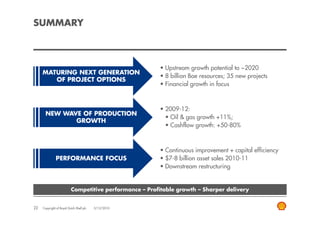 SUMMARY



                                                         • Upstream growth potential to ~2020
     MATURING NEXT GENERATION
                                                         • 8 billion Boe resources; 35 new projects
        OF PROJECT OPTIONS
                                                         • Financial growth in focus



                                                         • 2009-12:
       NEW WAVE OF PRODUCTION
                                                           • Oil & gas growth +11%;
              GROWTH
                                                           • Cashflow growth: +50-80%



                                                         • Continuous improvement + capital efficiency
               PERFORMANCE FOCUS                         • $7-8 billion asset sales 2010-11
                                                         • Downstream restructuring


                          Competitive performance – Profitable growth – Sharper delivery


22   Copyright of Royal Dutch Shell plc   3/12/2010
 