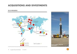 ACQUISITIONS AND DIVESTMENTS

2010 PROGRESS




                                                      Finland & Sweden

                                               Statfjord
                        East Resources                              LPG business
                                           Shell Haven
                                                                    worldwide
                                            Heide Refinery
              US retail
         Eagle Ford                          Greece                       Syria
                                      GoM leases
              El Salvador


                                                  Nigeria
                                Cosan                                    21 countries         Arrow
                                                                         Africa
                              Chile                                             Woodside

                                                                                      New Zealand




                                             Acquisition
                                                                     Deal Complete
                                                                                                      NORTHA AMERICA TIGHT GAS
                                              Divestment                                              DRILLING RIG




9   Copyright of Royal Dutch Shell plc    3/12/2010
 