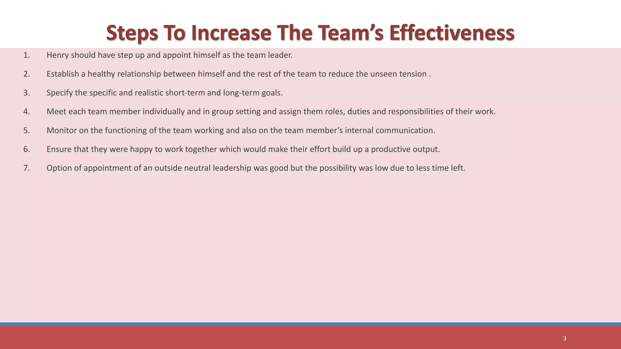1. Henry should have step up and appoint himself as the team leader.
2. Establish a healthy relationship between himself and the rest of the team to reduce the unseen tension .
3. Specify the specific and realistic short-term and long-term goals.
4. Meet each team member individually and in group setting and assign them roles, duties and responsibilities of their work.
5. Monitor on the functioning of the team working and also on the team member’s internal communication.
6. Ensure that they were happy to work together which would make their effort build up a productive output.
7. Option of appointment of an outside neutral leadership was good but the possibility was low due to less time left.
3
 