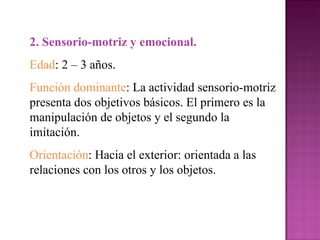 2. Sensorio-motriz y emocional. Edad : 2 – 3 años. Función dominante : La actividad sensorio-motriz presenta dos objetivos básicos. El primero es la manipulación de objetos y el segundo la imitación. Orientación : Hacia el exterior: orientada a las relaciones con los otros y los objetos. 