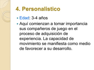 4. Personalistico
Edad: 3-4 años
 Aquí comienzan a tomar importancia
sus compañeros de juego en el
proceso de adquisición de
experiencia. La capacidad de
movimiento se manifiesta como medio
de favorecer a su desarrollo.


 