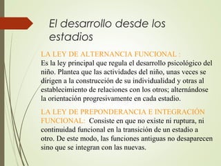 El desarrollo desde los
estadios
LA LEY DE ALTERNANCIA FUNCIONAL :
Es la ley principal que regula el desarrollo psicológico del
niño. Plantea que las actividades del niño, unas veces se
dirigen a la construcción de su individualidad y otras al
establecimiento de relaciones con los otros; alternándose
la orientación progresivamente en cada estadio.
LA LEY DE PREPONDERANCIA E INTEGRACIÓN
FUNCIONAL: Consiste en que no existe ni ruptura, ni
continuidad funcional en la transición de un estadio a
otro. De este modo, las funciones antiguas no desaparecen
sino que se integran con las nuevas.

 