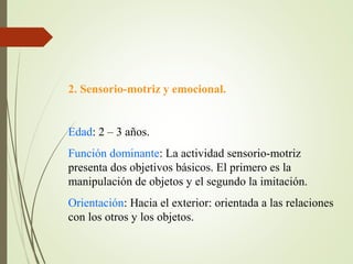 2. Sensorio-motriz y emocional.

Edad: 2 – 3 años.
Función dominante: La actividad sensorio-motriz
presenta dos objetivos básicos. El primero es la
manipulación de objetos y el segundo la imitación.
Orientación: Hacia el exterior: orientada a las relaciones
con los otros y los objetos.

 