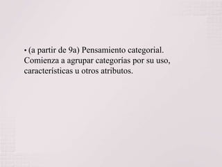• (a partir de 9a) Pensamiento categorial.

Comienza a agrupar categorías por su uso,
características u otros atributos.

 