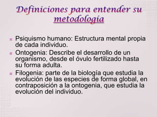 





Psiquismo humano: Estructura mental propia
de cada individuo.
Ontogenia: Describe el desarrollo de un
organismo, desde el óvulo fertilizado hasta
su forma adulta.
Filogenia: parte de la biología que estudia la
evolución de las especies de forma global, en
contraposición a la ontogenia, que estudia la
evolución del individuo.

 
