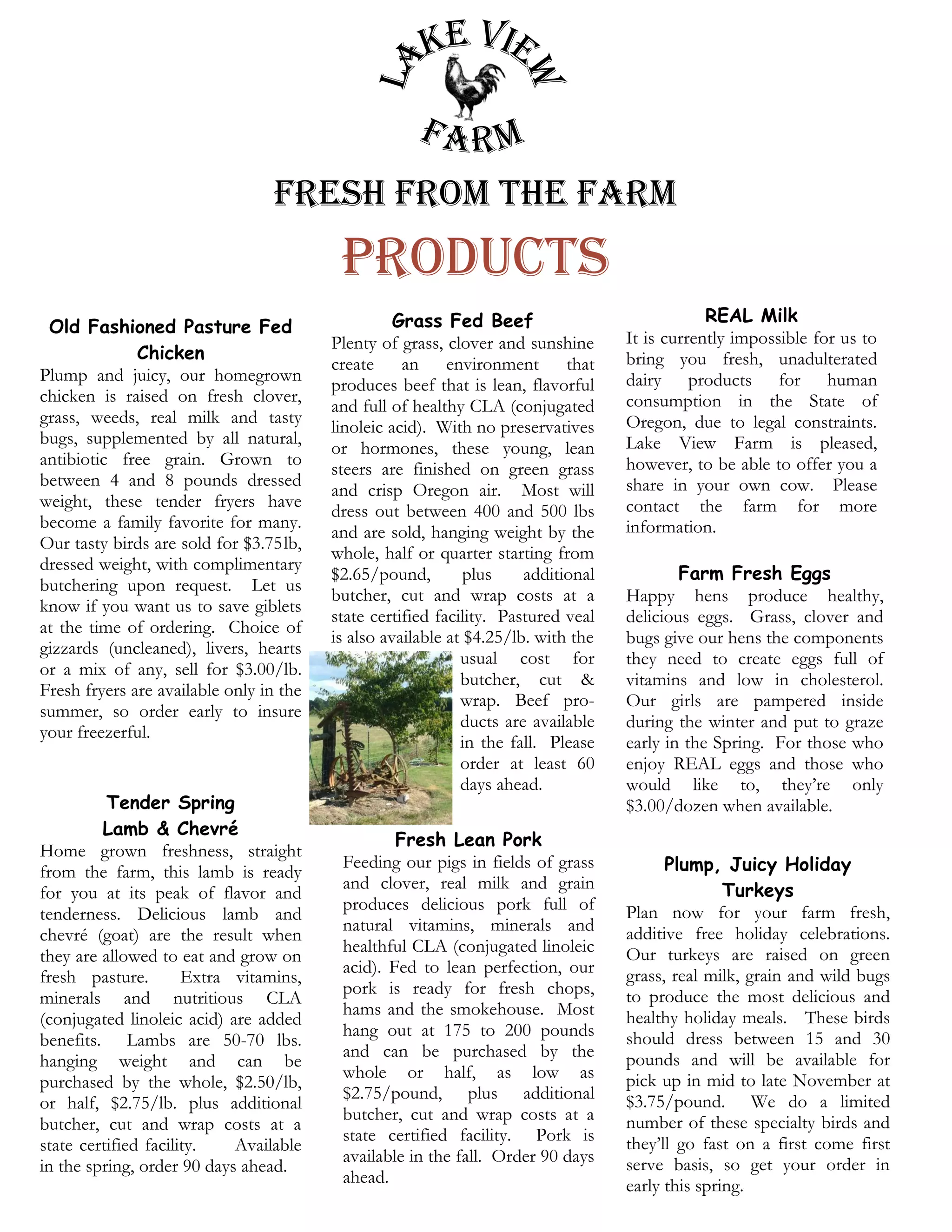 Fresh from the Farm
                                          Products
                                                   Grass Fed Beef                              REAL Milk
 Old Fashioned Pasture Fed
                                         Plenty of grass, clover and sunshine      It is currently impossible for us to
              Chicken                                                              bring you fresh, unadulterated
                                         create an environment that
Plump and juicy, our homegrown                                                     dairy products for human
                                         produces beef that is lean, flavorful
chicken is raised on fresh clover,                                                 consumption in the State of
                                         and full of healthy CLA (conjugated
grass, weeds, real milk and tasty                                                  Oregon, due to legal constraints.
                                         linoleic acid). With no preservatives
bugs, supplemented by all natural,                                                 Lake View Farm is pleased,
                                         or hormones, these young, lean
antibiotic free grain. Grown to                                                    however, to be able to offer you a
                                         steers are finished on green grass
between 4 and 8 pounds dressed                                                     share in your own cow. Please
                                         and crisp Oregon air. Most will
weight, these tender fryers have                                                   contact the farm for more
                                         dress out between 400 and 500 lbs
become a family favorite for many.                                                 information.
                                         and are sold, hanging weight by the
Our tasty birds are sold for $3.75 lb,
                                         whole, half or quarter starting from
dressed weight, with complimentary
                                         $2.65/pound,         plus    additional           Farm Fresh Eggs
butchering upon request. Let us
                                         butcher, cut and wrap costs at a          Happy hens produce healthy,
know if you want us to save giblets
                                         state certified facility. Pastured veal   delicious eggs. Grass, clover and
at the time of ordering. Choice of
                                         is also available at $4.25/lb. with the   bugs give our hens the components
gizzards (uncleaned), livers, hearts
                                                             usual cost for        they need to create eggs full of
or a mix of any, sell for $3.00/lb.
                                                             butcher, cut &        vitamins and low in cholesterol.
Fresh fryers are available only in the
                                                             wrap. Beef pro-       Our girls are pampered inside
summer, so order early to insure
                                                             ducts are available   during the winter and put to graze
your freezerful.
                                                             in the fall. Please   early in the Spring. For those who
                                                             order at least 60     enjoy REAL eggs and those who
                                                             days ahead.           would like to, they’re only
          Tender Spring                                                            $3.00/dozen when available.
         Lamb & Chevré
                                                  Fresh Lean Pork
Home grown freshness, straight
from the farm, this lamb is ready
                                          Feeding our pigs in fields of grass            Plump, Juicy Holiday
                                          and clover, real milk and grain                         Turkeys
for you at its peak of flavor and
                                          produces delicious pork full of          Plan now for your farm fresh,
tenderness. Delicious lamb and
                                          natural vitamins, minerals and           additive free holiday celebrations.
chevré (goat) are the result when
                                          healthful CLA (conjugated linoleic       Our turkeys are raised on green
they are allowed to eat and grow on
                                          acid). Fed to lean perfection, our       grass, real milk, grain and wild bugs
fresh pasture.        Extra vitamins,
                                          pork is ready for fresh chops,           to produce the most delicious and
minerals and nutritious CLA
                                          hams and the smokehouse. Most            healthy holiday meals. These birds
(conjugated linoleic acid) are added
                                          hang out at 175 to 200 pounds            should dress between 15 and 30
benefits. Lambs are 50-70 lbs.
                                          and can be purchased by the              pounds and will be available for
hanging weight and can be
                                          whole or half, as low as                 pick up in mid to late November at
purchased by the whole, $2.50/lb,
                                          $2.75/pound, plus additional             $3.75/pound. We do a limited
or half, $2.75/lb. plus additional
                                          butcher, cut and wrap costs at a         number of these specialty birds and
butcher, cut and wrap costs at a
                                          state certified facility. Pork is        they’ll go fast on a first come first
state certified facility.   Available
                                          available in the fall. Order 90 days     serve basis, so get your order in
in the spring, order 90 days ahead.
                                          ahead.                                   early this spring.
 