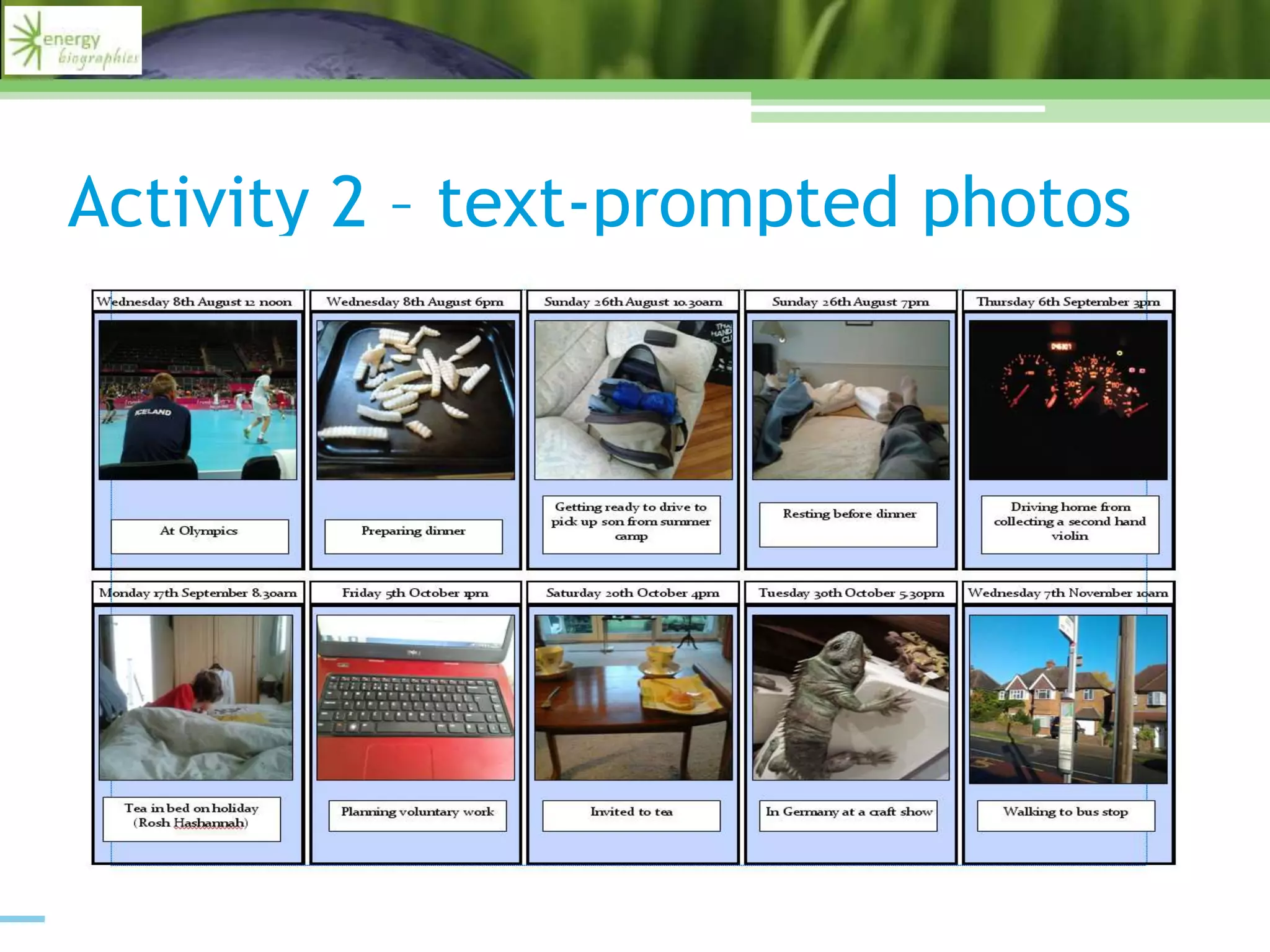 Activity 2 – text-prompted photos
Activity 2 – text-prompted photos
• Text messages sent to participants at 10 intervals between
August-November 2012 asking them to take a picture of
what they were doing at the time
• From these pictures we created photo narratives, to be
discussed with participants in interview 3
 