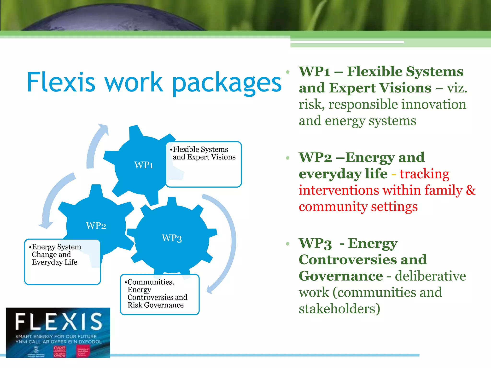 Flexis work packages
• WP1 – Flexible Systems
and Expert Visions – viz.
risk, responsible innovation
and energy systems
• WP2 –Energy and
everyday life - tracking
interventions within family &
community settings
• WP3 - Energy
Controversies and
Governance - deliberative
work (communities and
stakeholders)
WP3
•Communities,
Energy
Controversies and
Risk Governance
WP2
•Energy System
Change and
Everyday Life
WP1
•Flexible Systems
and Expert Visions
 