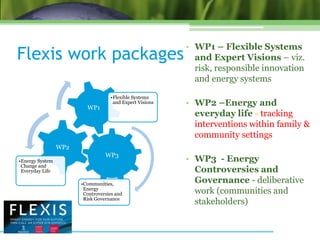 Flexis work packages
• WP1 – Flexible Systems
and Expert Visions – viz.
risk, responsible innovation
and energy systems
• ...