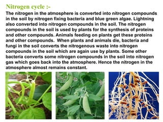 Nitrogen cycle :-
The nitrogen in the atmosphere is converted into nitrogen compounds
in the soil by nitrogen fixing bacteria and blue green algae. Lightning
also converted into nitrogen compounds in the soil. The nitrogen
compounds in the soil is used by plants for the synthesis of proteins
and other compounds. Animals feeding on plants get these proteins
and other compounds. When plants and animals die, bacteria and
fungi in the soil converts the nitrogenous waste into nitrogen
compounds in the soil which are again use by plants. Some other
bacteria converts some nitrogen compounds in the soil into nitrogen
gas which goes back into the atmosphere. Hence the nitrogen in the
atmosphere almost remains constant.
 