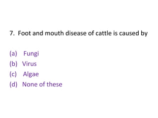 7. Foot and mouth disease of cattle is caused by
(a) Fungi
(b) Virus
(c) Algae
(d) None of these
 