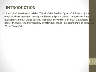 INTRODUCTION
Hitachi, Ltd. has developed the “Elliptic Orbit Satellite System” (ES System) which
employs three satellites moving in different elliptical orbits. The satellites have
overlapping 8-hour usage periods to provide service on a 24-hour-a day basis, with
one of the satellites always nearly directly over Japan (minimum angle of elevation
70, for Tokyo 80)
1
 
