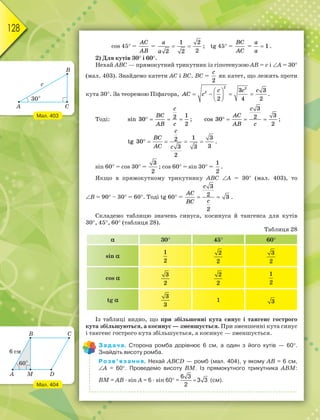 128
сos 45 =
AC
AB
=
1 2
2
2 2
a
a
  ; tg 45=
BC
AC
= 1
a
a
 .
2) Для кутів 30 і 60.
Нехай АВС — прямокутний трикутник із гіпотенузою AB = с і А = 30
(мал. 403). Знайдемо катети АС і ВС. ВС =
2
c
як катет, що лежить проти
кута 30. За теоремою Піфагора,
2 2
2 3 3
2 4 2
c c c
AC c
 
   
 
 
.
Тоді:
1
2
sin 30
2
c
BC
AB c
    ;
3
3
2
cos 30
2
c
AC
AB c
    ;
1 3
2
tg 30
3
3 3
2
c
BC
AC c
     .
sin 60 = cos 30 =
3
2
; cos 60 = sin 30 =
1
2
.
Якщо в прямокутному трикутнику АВС А = 30 (мал. 403), то
В = 90 – 30 = 60. Тоді tg 60=
3
2 3
2
c
AC
c
BC
  .
Складемо таблицю значень синуса, косинуса й тангенса для кутів
30, 45, 60(таблиця 28).
Таблиця 28
 30 45 60
sin
1
2
2
2
3
2
cos
3
2
2
2
1
2
tg
3
3
1 3
Із таблиці видно, що при збільшенні кута синус і тангенс гострого
кута збільшуються, а косинус — зменшується. При зменшенні кута синус
і тангенс гострого кута збільшується, а косинус — зменшується.
Задача. Сторона ромба дорівнює 6 см, а один з його кутів — 60.
Знайдіть висоту ромба.
Розв’язання. Нехай АВСD — ромб (мал. 404), у якому АВ = 6 см,
А = 60. Проведемо висоту ВМ. Із прямокутного трикутника АВМ:
ВМ = АВ · sin A = 6 · sin 60 = 
6 3
3 3
2
(см).
Мал. 403
Мал. 404
 