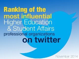 Ranking of the 
most influential 
Higher Education 
& Student Affairs 
professional on organizations twitter 
November 2014 
 