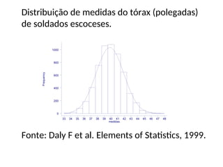 Distribuição de medidas do tórax (polegadas)
de soldados escoceses.
Fonte: Daly F et al. Elements of Statistics, 1999.
Frequency
medidas
33 34 35 36 37 38 39 40 41 42 43 44 45 46 47 48
0
200
400
600
800
1000
 
