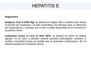 Diagnóstico
Antígeno virus E (HEV Ag): se detecta en hígado, bilis y materia fecal, desde
el período de incubación y la fase sintomática; las técnicas para su detección
son dispendiosas y costosas, por lo que no están disponibles en el momento en
la práctica clínica.
Anticuerpo contra el virus E (Anti HEV): se detecta en suero en etapas
agudas; no es claro si persiste durante períodos prolongados, tampoco si
confiere inmunidad porque es posible que se presenten reinfecciones. No se
dispone tampoco en la práctica clínica.
HEPATITIS E
 