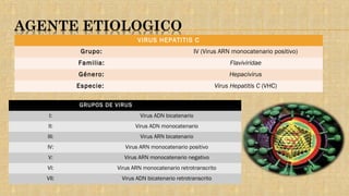 VIRUS HEPATITIS C
Grupo: IV (Virus ARN monocatenario positivo)
Familia: Flaviviridae
Género: Hepacivirus
Especie: Virus Hepatitis C (VHC)
GRUPOS DE VIRUS
I: Virus ADN bicatenario
II: Virus ADN monocatenario
III: Virus ARN bicatenario
IV: Virus ARN monocatenario positivo
V: Virus ARN monocatenario negativo
VI: Virus ARN monocatenario retrotranscrito
VII: Virus ADN bicatenario retrotranscrito
 