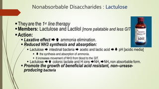 Nonabsorbable Disaccharides : Lactulose
Theyare the 1st line therapy
Members: Lactulose and Lactilol [more palatable and less GIT upsets].
Action:
 Laxative effect  ammonia elimination.
 Reduced NH3 synthesis and absorption:
 Lactulose  intestinal bacteria  acetic and lactic acid  pH [acidic media]
  the synthesis and absorption of ammonia.
 It increases movement of NH3 from blood to the GIT.
 Lactulose  colonic lactate and H ions NH3 NH4 non absorbable form.
 Promote the growth of beneficial acid resistant, non–urease-
producing bacteria
 