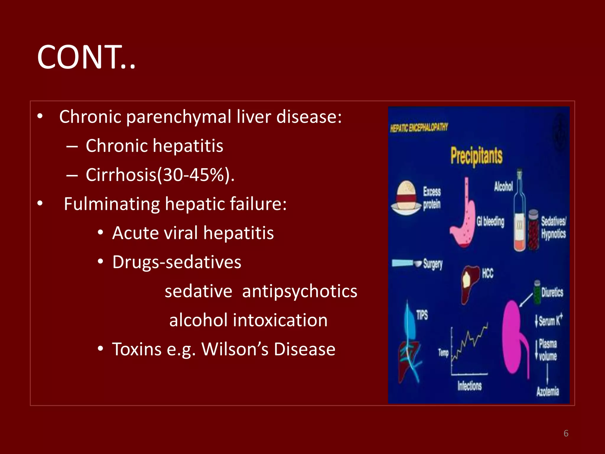 CONT..
• Chronic parenchymal liver disease:
– Chronic hepatitis
– Cirrhosis(30-45%).
• Fulminating hepatic failure:
• Acute viral hepatitis
• Drugs-sedatives
sedative antipsychotics
alcohol intoxication
• Toxins e.g. Wilson’s Disease
6
 