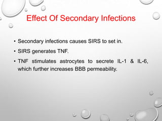Effect Of Secondary Infections
• Secondary infections causes SIRS to set in.
• SIRS generates TNF.
• TNF stimulates astrocytes to secrete IL-1 & IL-6,
which further increases BBB permeability.

 