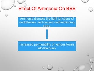 Effect Of Ammonia On BBB
Ammonia disrupts the tight junctions of
endothelium and causes malfunctioning
BBB.

Increased permeability of various toxins
into the brain.

 