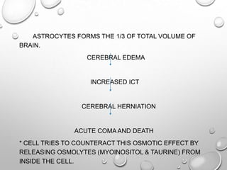 ASTROCYTES FORMS THE 1/3 OF TOTAL VOLUME OF
BRAIN.
CEREBRAL EDEMA

INCREASED ICT

CEREBRAL HERNIATION

ACUTE COMA AND DEATH

* CELL TRIES TO COUNTERACT THIS OSMOTIC EFFECT BY
RELEASING OSMOLYTES (MYOINOSITOL & TAURINE) FROM
INSIDE THE CELL.

 