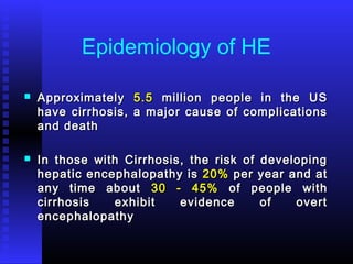 Epidemiology of HE
 ApproximatelyApproximately 5.55.5 million people in the USmillion people in the US
have cirrhosis, a major cause of complicationshave cirrhosis, a major cause of complications
and deathand death
 In those with Cirrhosis, the risk of developingIn those with Cirrhosis, the risk of developing
hepatic encephalopathy ishepatic encephalopathy is 20%20% per year and atper year and at
any time aboutany time about 30 - 45%30 - 45% of people withof people with
cirrhosis exhibit evidence of overtcirrhosis exhibit evidence of overt
encephalopathyencephalopathy
 