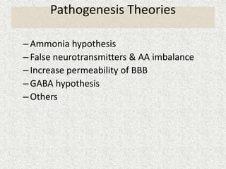 Pathogenesis Theories 
–Ammonia hypothesis 
– False neurotransmitters & AA imbalance 
– Increase permeability of BBB 
–GABA hypothesis 
– Others 
 