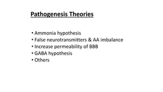 • Ammonia hypothesis
• False neurotransmitters & AA imbalance
• Increase permeability of BBB
• GABA hypothesis
• Others
Pathogenesis Theories
 