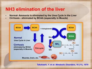 Takahashi, Y. et al: Metabolic Disorders, 16 (11), 1979
Normal
Urea Cycle in Liver
Cirrhosis
eliminated by BCAA
(especially in Muscle)
BCAA
TCA cycle
BCAA
Muscles, brain, etc.
a -ketoglutarate
NH3
BCAA
BCKA
CH 2C
O
HO COOH
H
CH 2 C
NH 2
Glutamic acid
Glutamine
CH 2C
O
NH 2
COOH
H
CH 2 C
NH 2
Gln
Glu
 Normal- Ammonia is eliminated by the Urea Cycle in the Liver
 Cirrhosis - eliminated by BCAA (especially in Muscle)
NH3 elimination of the liver
 