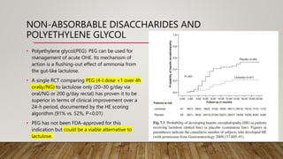 NON-ABSORBABLE DISACCHARIDES AND
POLYETHYLENE GLYCOL
• Polyethylene glycol(PEG): PEG can be used for
management of acute OHE. Its mechanism of
action is a flushing-out effect of ammonia from
the gut-like lactulose.
• A single RCT comparing PEG (4-l dose ×1 over 4h
orally/NG) to lactulose only (20–30 g/day via
oral/NG or 200 g/day rectal) has proven it to be
superior in terms of clinical improvement over a
24-h period, documented by the HE scoring
algorithm (91% vs. 52%, P<0.01)
• PEG has not been FDA-approved for this
indication but could be a viable alternative to
lactulose.
 