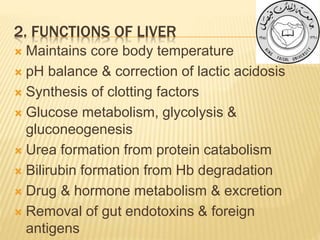 2. FUNCTIONS OF LIVER
 Maintains core body temperature
 pH balance & correction of lactic acidosis
 Synthesis of clotting factors
 Glucose metabolism, glycolysis &
gluconeogenesis
 Urea formation from protein catabolism
 Bilirubin formation from Hb degradation
 Drug & hormone metabolism & excretion
 Removal of gut endotoxins & foreign
antigens
 